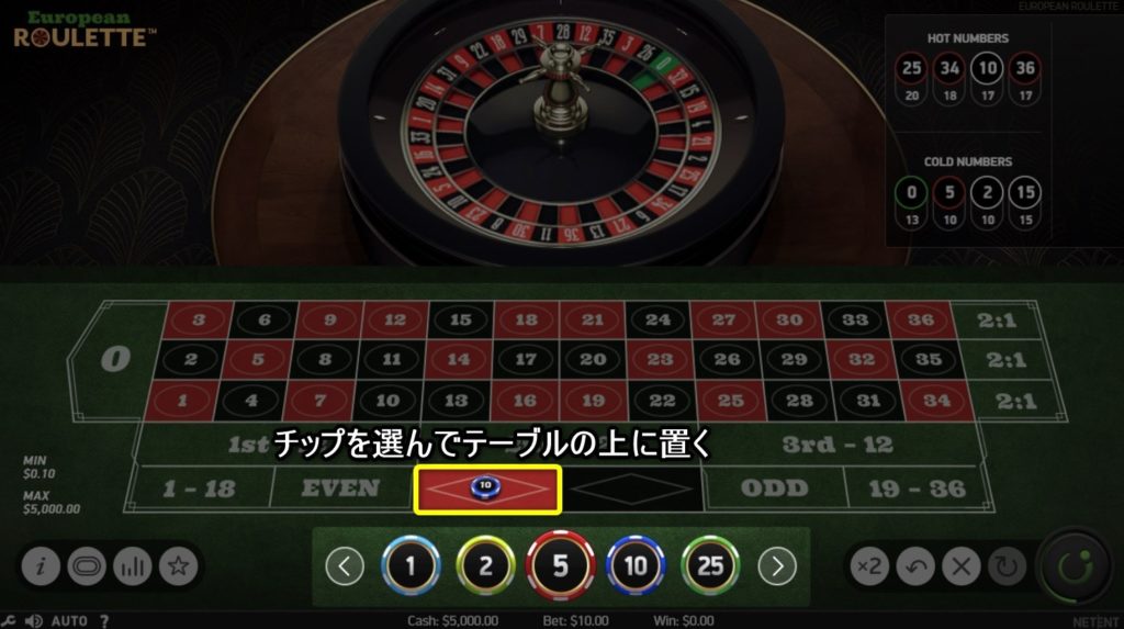 ルーレットの流れ2:ホイールに落ちる玉を予想してチップを賭ける