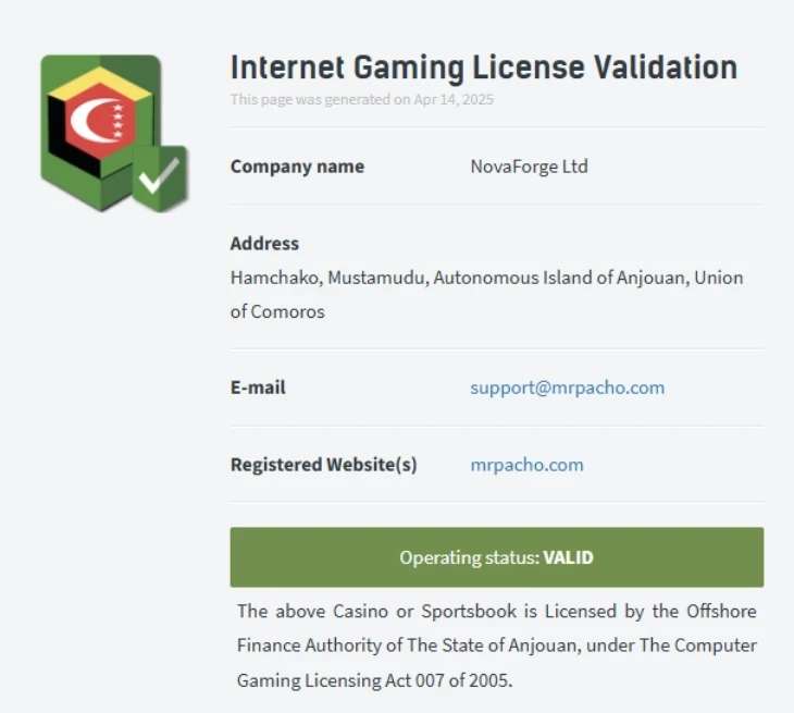 ミスターパチョカジノのライセンス