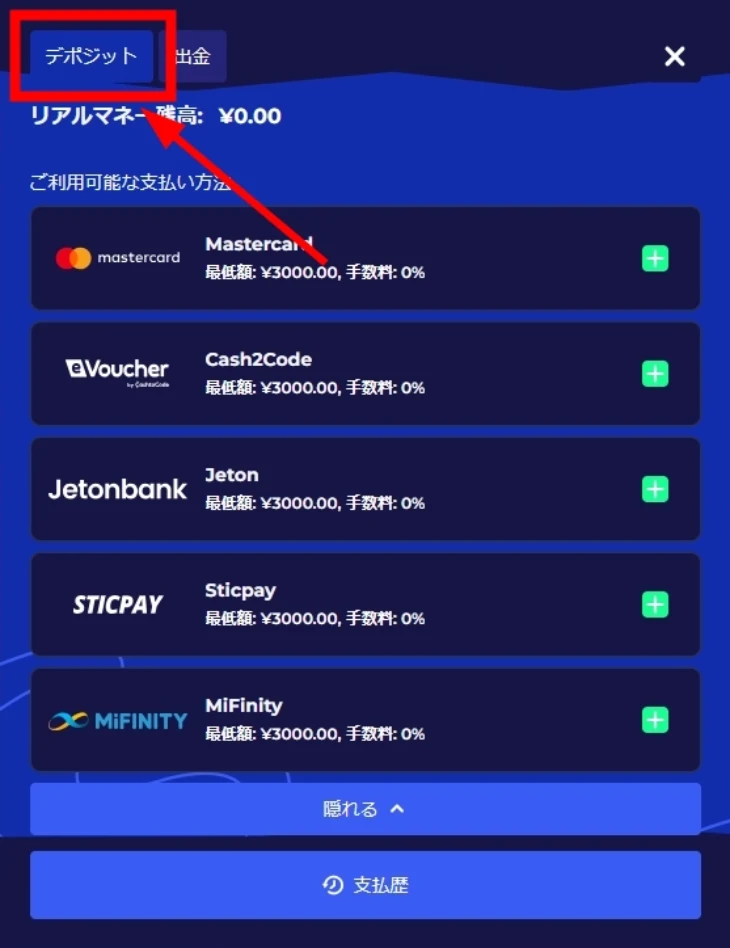 ミスターパチョカジノの入金