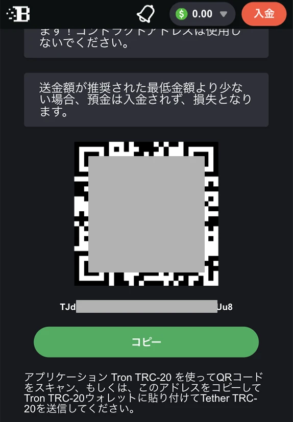 ボンズカジノでテザーに入金