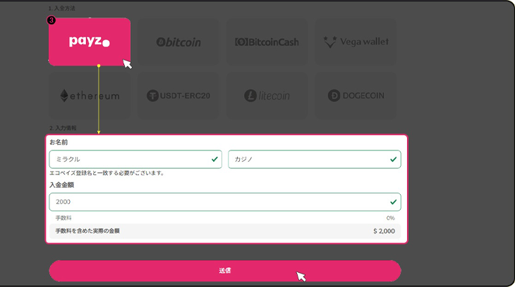ミラクルカジノの入金方法