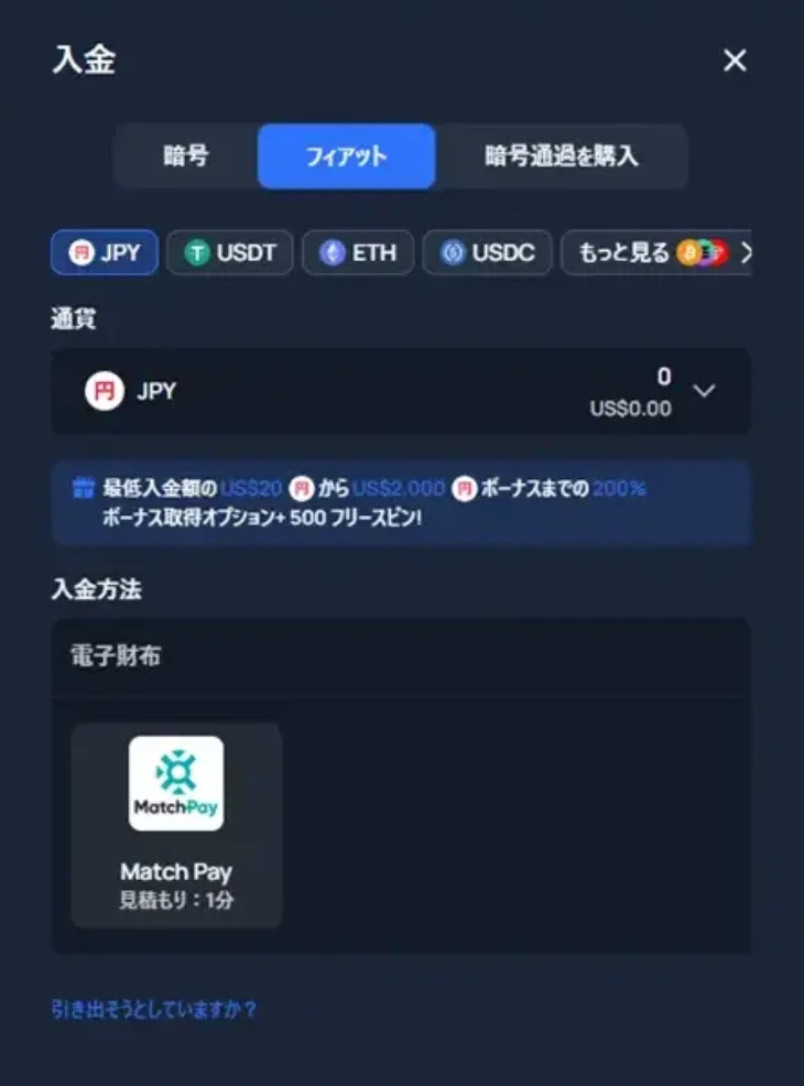 2UPカジノの入金画面