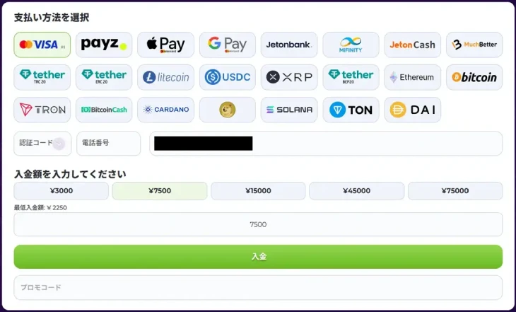 ミルキーウェイカジノの入金画面