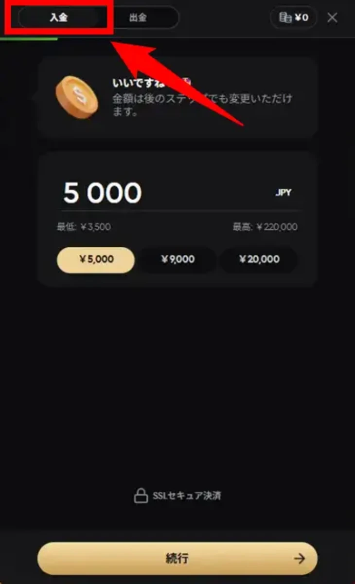 ゴールデンパンダの入金画面